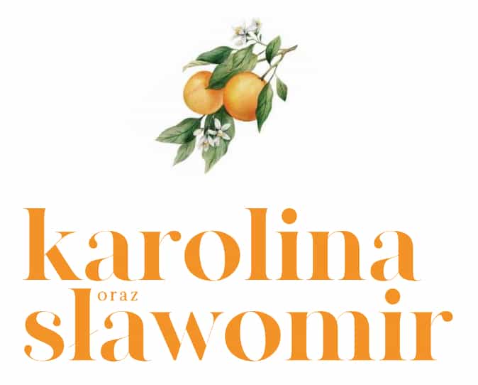 Gałązka z owocami pomarańczy. Napis: "Karolina oraz Sławomir"